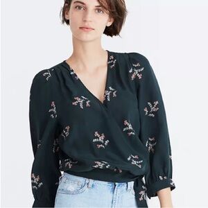 Madewell 100% Silk Wrap Top in Forest Green Floral, Size S